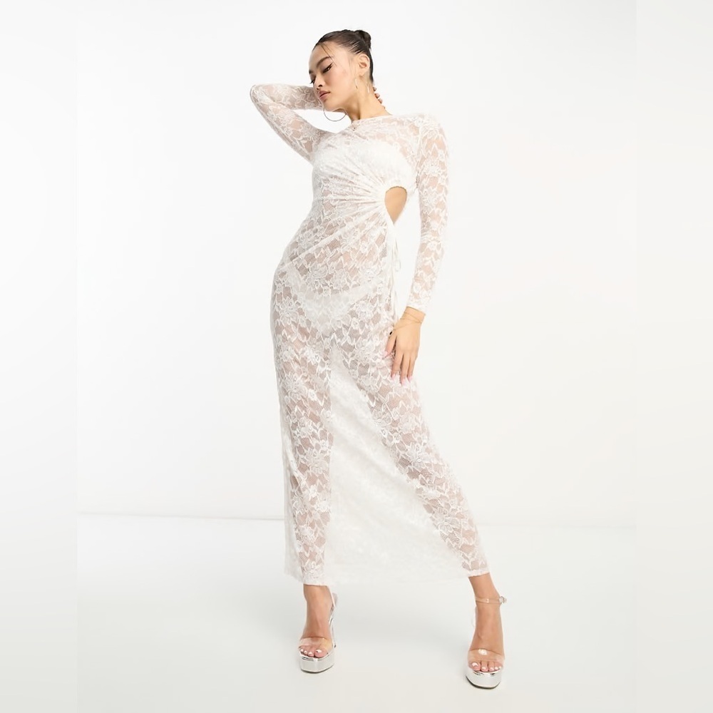 NWT Flounce London White Lace Sheer Long Sleeve Dress sexy lingerie